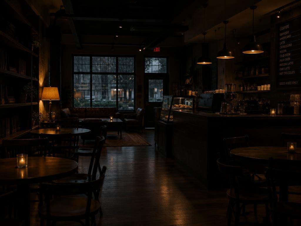Interior aconchegante de cafeteria com luz baixa